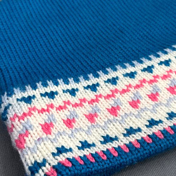 VTG MadHatter Wool Knit Beanie Hat Blue Pink Fair Isle Heart Canada Retro 80s OS - Picture 2 of 16